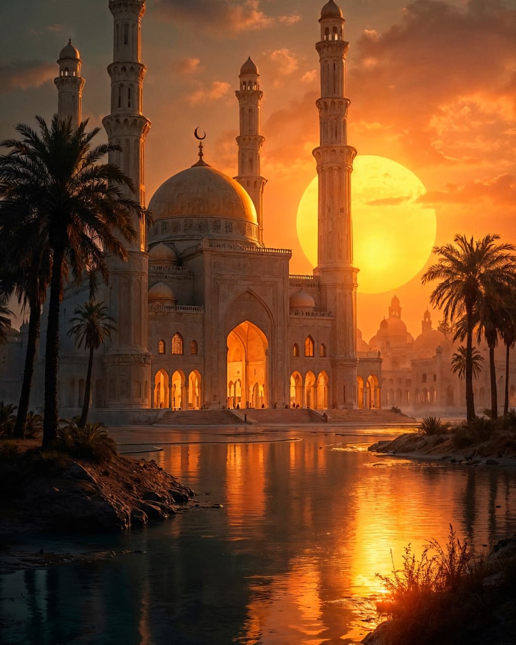 Mosque at golden hour reflected on water